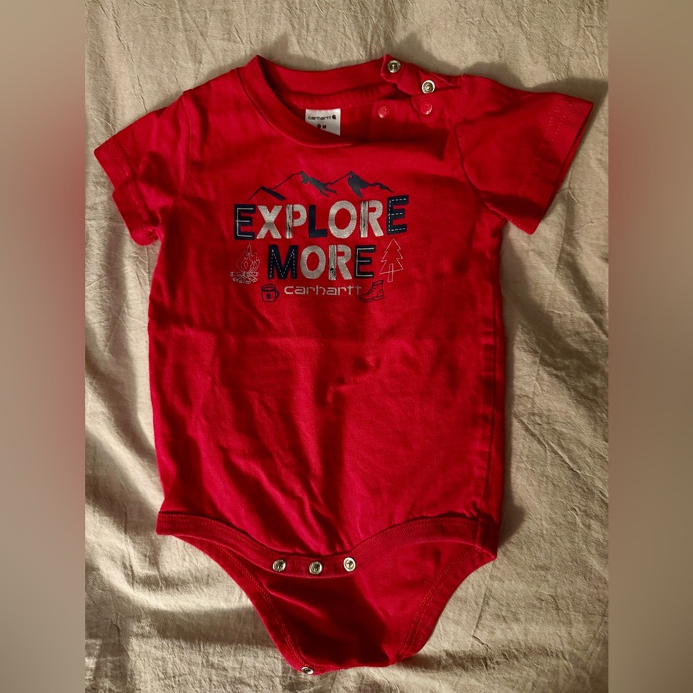 Carhartt Red “Explore More” 9 month baby Onsie